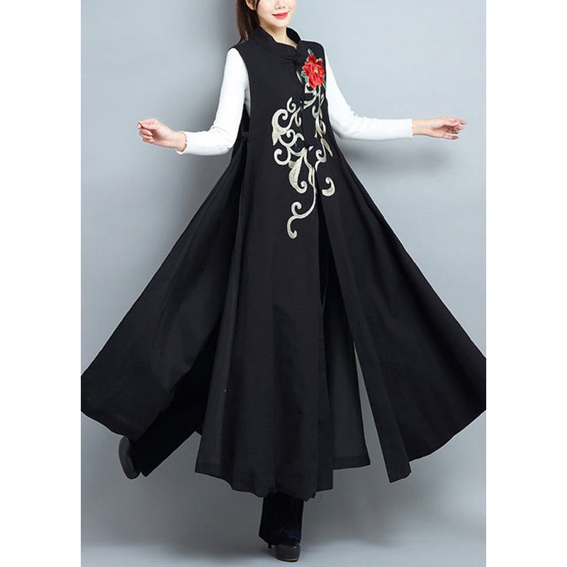 Chic Black Embroideried Side Open Patchwork Cotton Long Waistcoat Sleeveless
