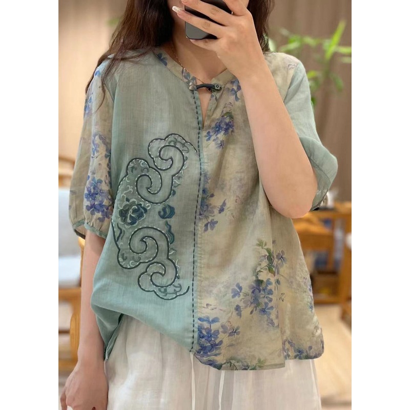 Chic Blue Embroideried Print Patchwork Linen Tops Half Sleeve