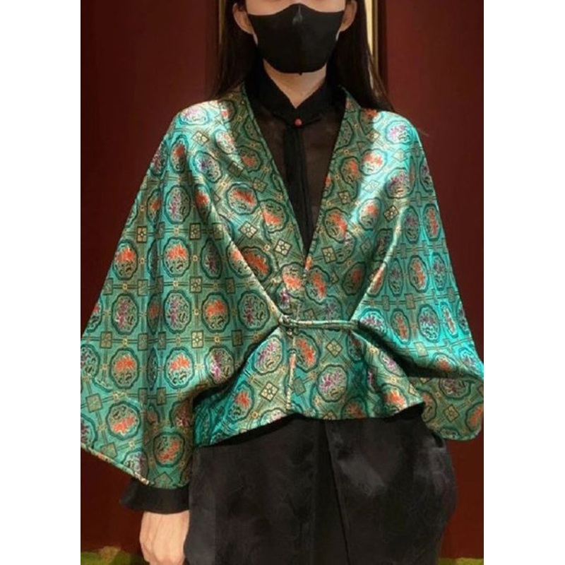 Chic Green V Neck Print Patchwork Silk Two Pieces Set Fall