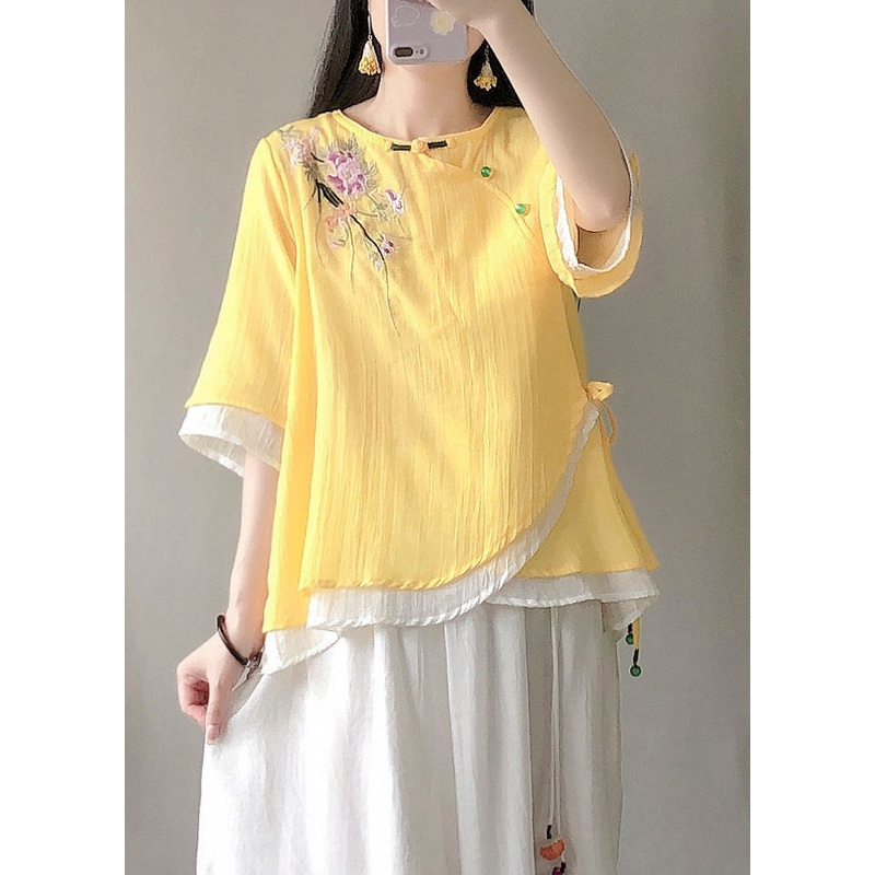 Chic Yellow Embroideried Patchwork Linen Shirt Tops Summer