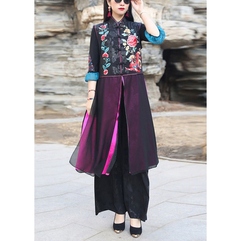 Chinese Style Black Embroideried Side Open Patchwork Silk Long Waistcoat Sleeveless