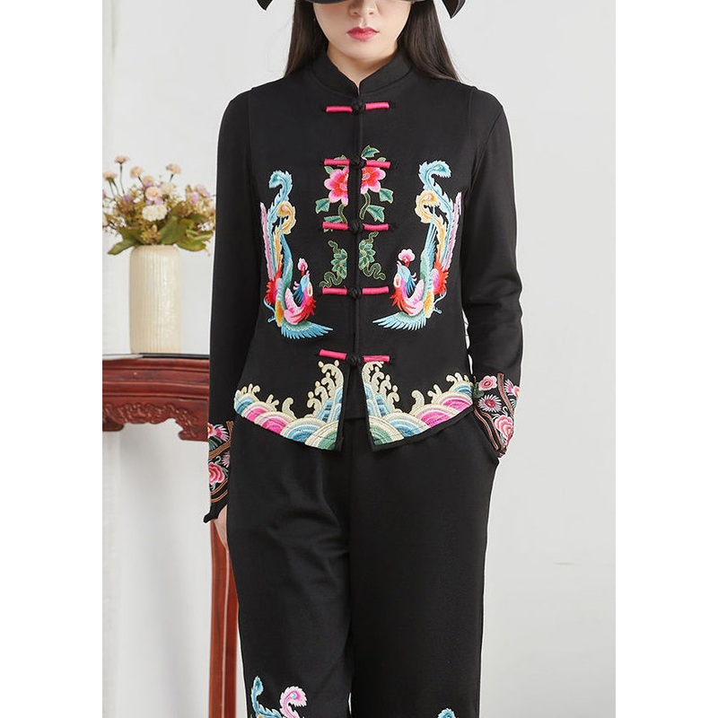 Chinese Style Black Stand Collar Embroideried Patchwork Cotton Waistcoat Sleeveless