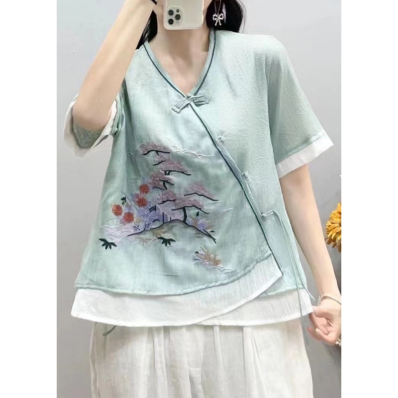 Chinese Style Green V Neck Embroideried Patchwork Linen Tops Summer