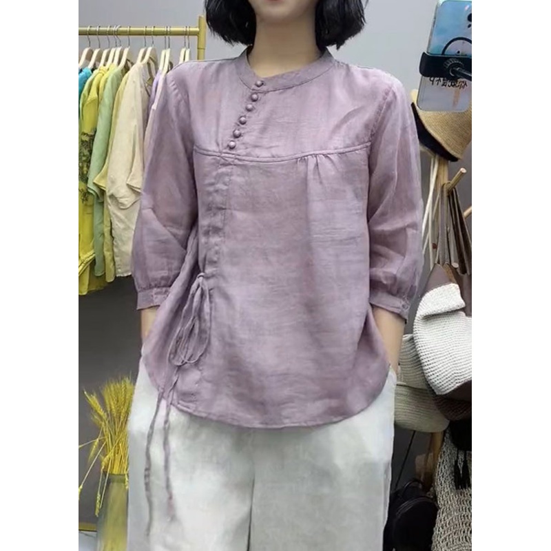 Chinese Style Purple O-Neck Lace Up Cotton Top Bracelet Sleeve