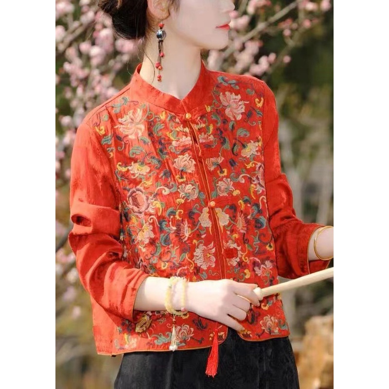 Chinese Style Red Stand Collar Embroideried Patchwork Silk Coat Fall