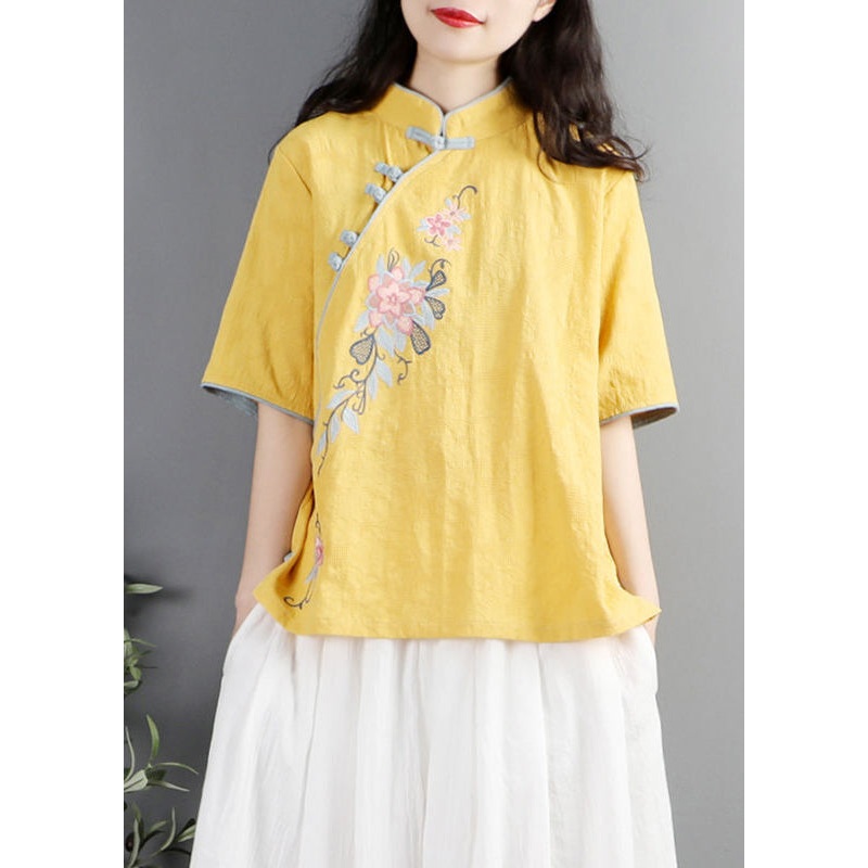 Chinese Style Yellow Embroideried Cotton Shirt Tops Summer