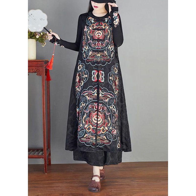 Classy Black Embroideried Chinese Button Patchwork Silk Long Waistcoat Sleeveless