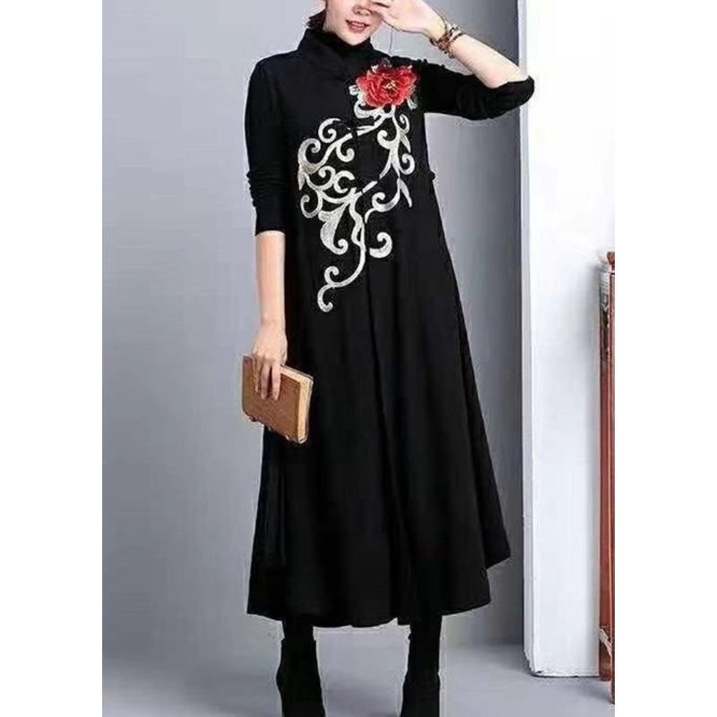 Classy Black Stand Collar Embroideried Patchwork Cotton Long Waistcoat Sleeveless