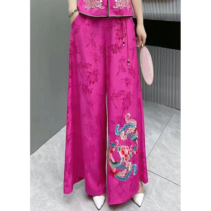 Classy Embroidered High Waist Pockets Patchwork Silk Wide Leg Pants Fall