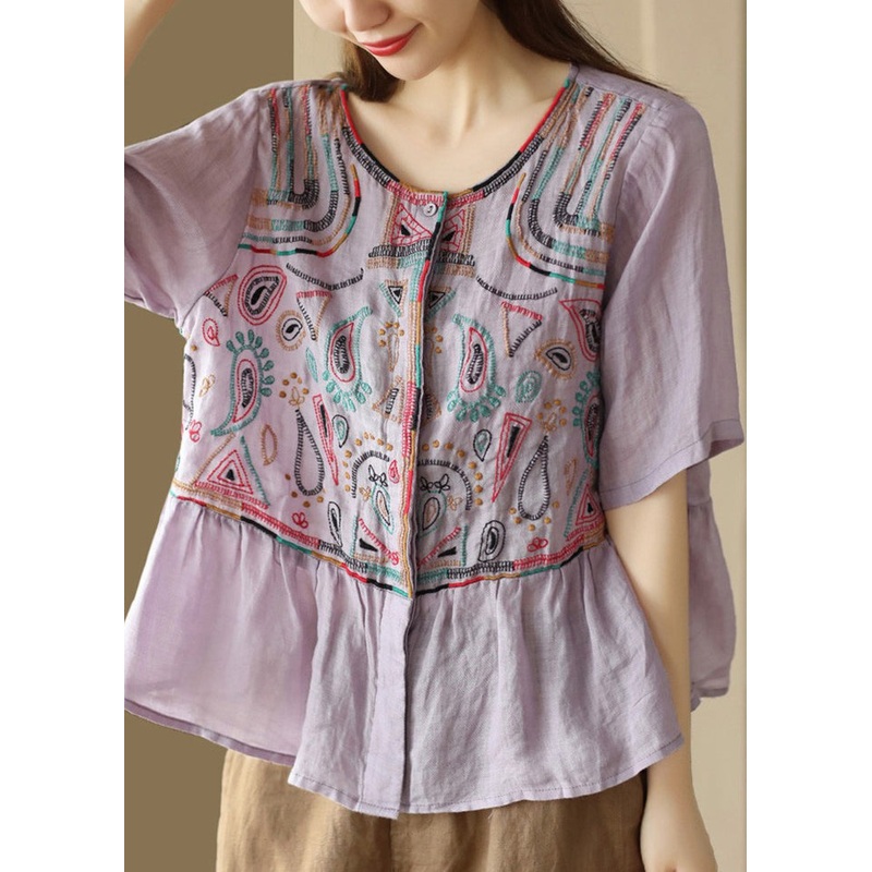 Classy Purple O-Neck Embroideried Patchwork Linen Blouse Tops Summer
