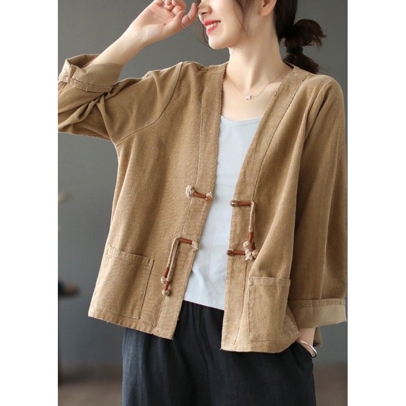 Coffee Pockets Patchwork Corduroy Coat V Neck Tasseled Fall