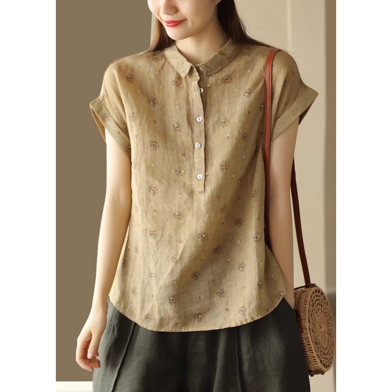 Coffee Print Button Patchwork Linen Top Peter Pan Collar Short Sleeve