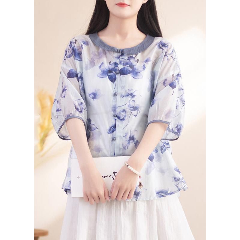 Diy Blue Oversized Floral Print Linen Shirt Top Half Sleeve