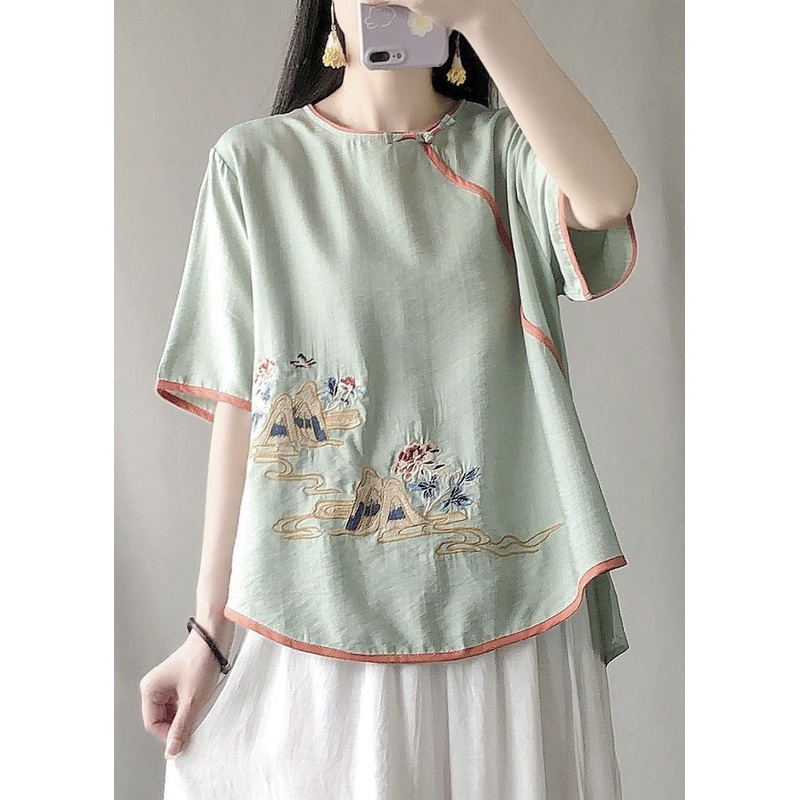 DIY Green Embroideried Chinese Button Cotton Shirt Summer