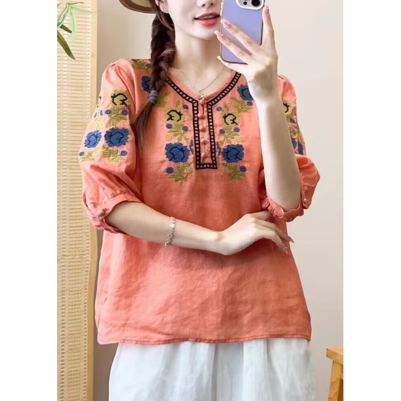 DIY Orange O Neck Embroideried Patchwork Linen Shirts Bracelet Sleeve