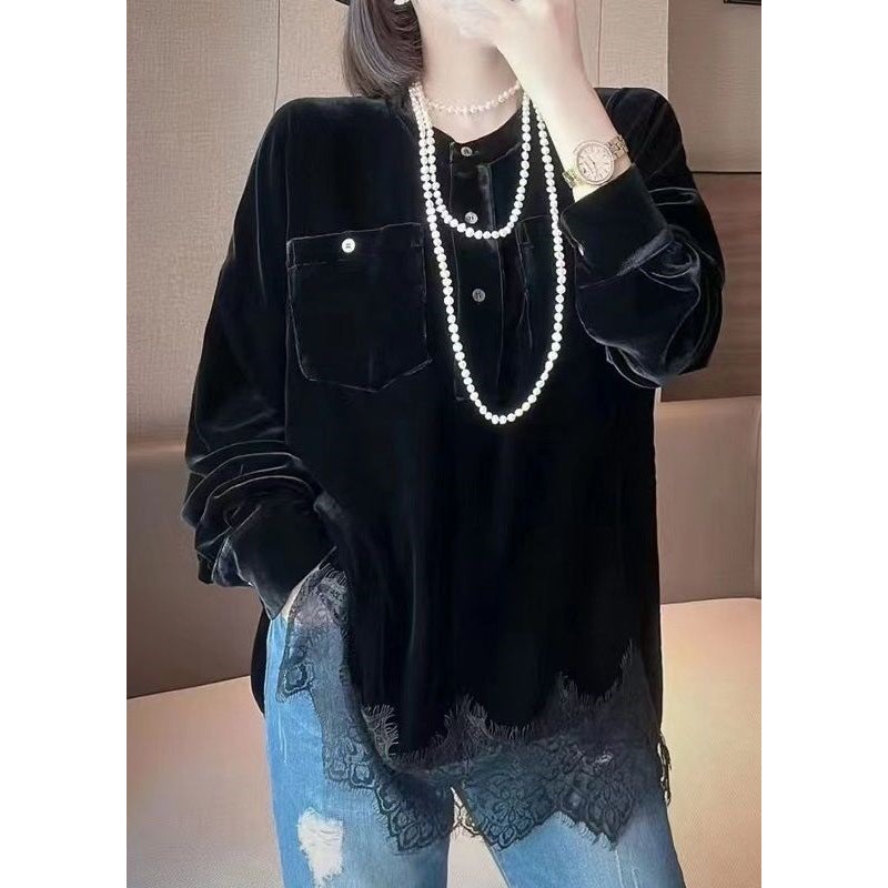 Elegant Black O Neck Button Patchwork Silk Velour Tops Fall