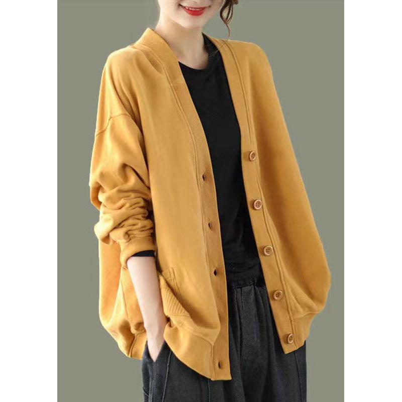 Elegant Yellow V Neck Button Patchwork Warm Fleece Sweatshirt Coat Fall