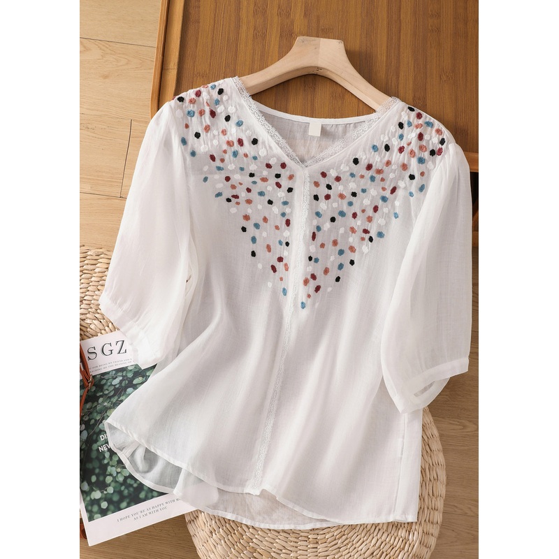 Fashion White Embroideried Patchwork Lace Linen Shirt Short Sleeve