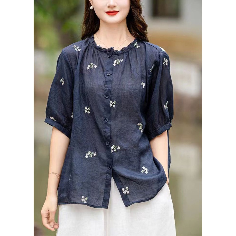 Fine Navy Embroideried Patchwork Linen Shirt Top Summer