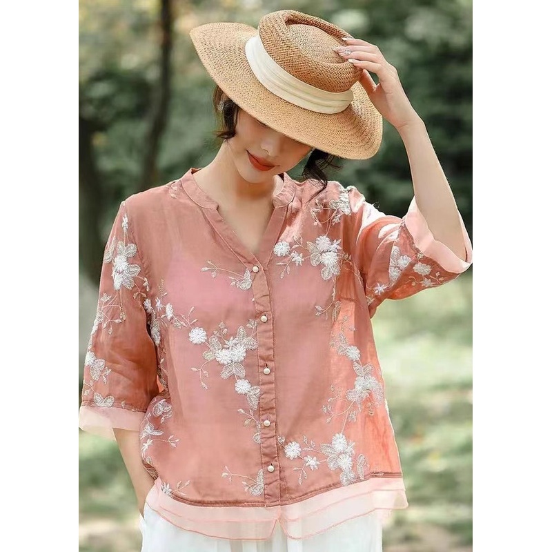 Fine Pink V Neck Embroideried Patchwork Linen Shirt Summer