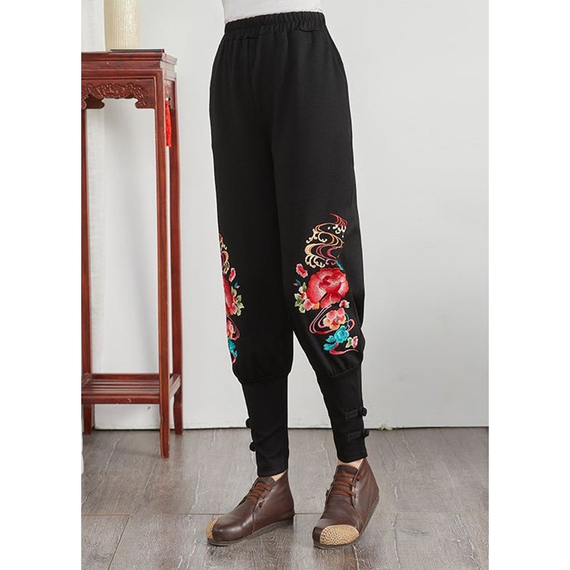 Floral Patchwork Elastic Waist Pockets Cotton Harem Pants