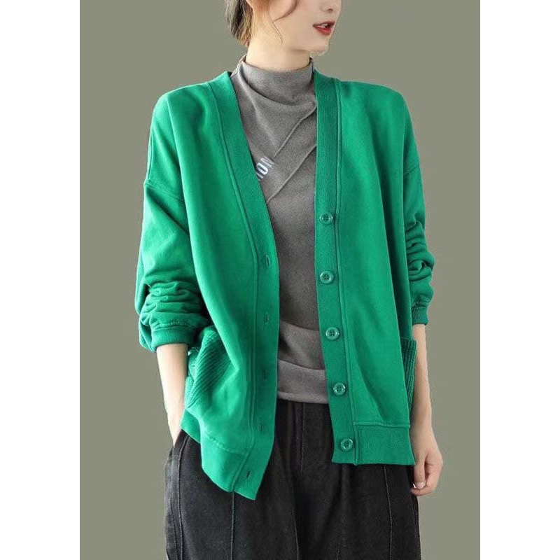 Green Button Pockets Patchwork Warm Fleece Sweatshirt Coat V Neck Long Sleeve