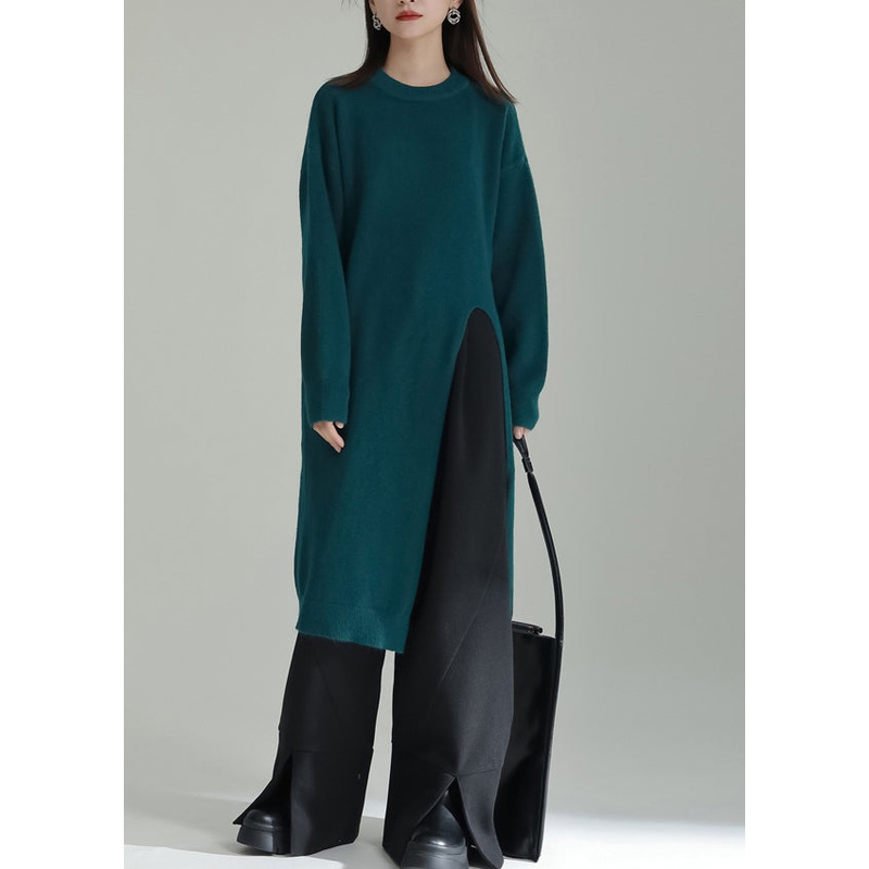 Green Patchwork Chic Knit Dresses O Neck Side Open Winter