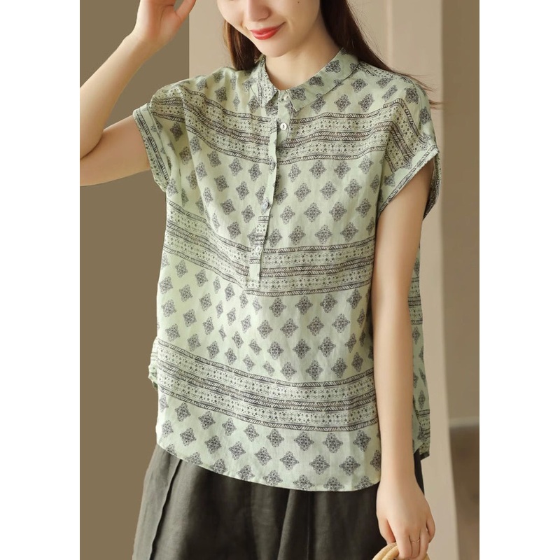 Italian Green Peter Pan Collar Print Patchwork Linen Shirt Summer