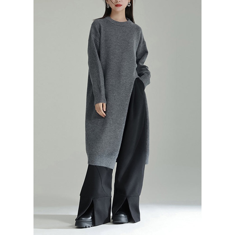 Italian Grey O Neck Side Open Patchwork Knit Dresses Winter