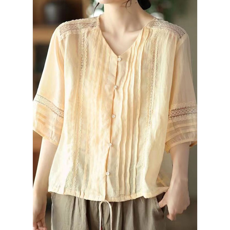 Light Yellow Patchwork Linen Shirt V Neck Lace Button Summer