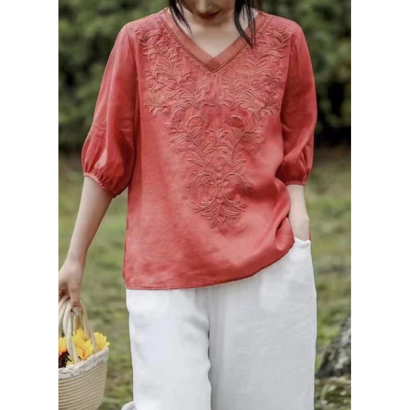 Loose Brick Red V Neck Embroideried Patchwork Linen T Shirt Half Sleeve