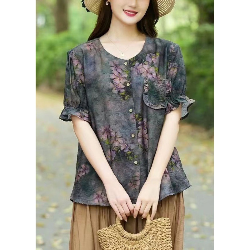 Loose Navy Print Button Patchwork Linen Shirts Summer
