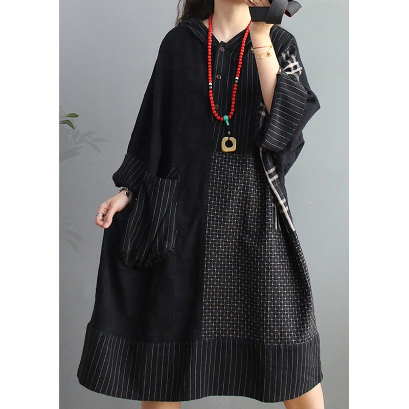 Loose Retro Black Plaid Big Pocket Hooded Dress
