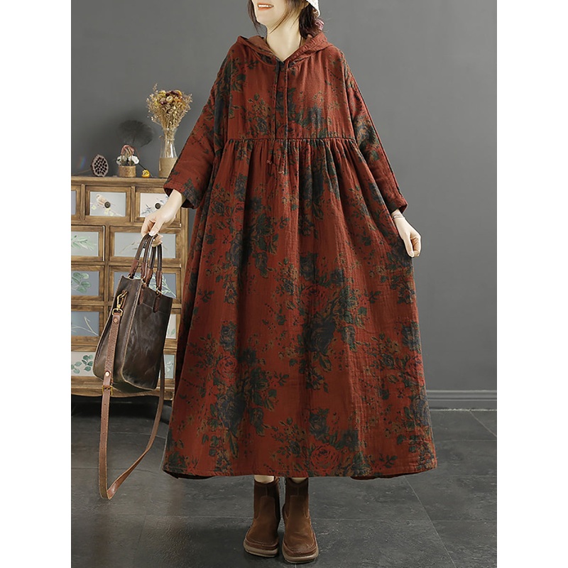 Loose Retro Floral Shirred Hooded Dress Long Sleeve