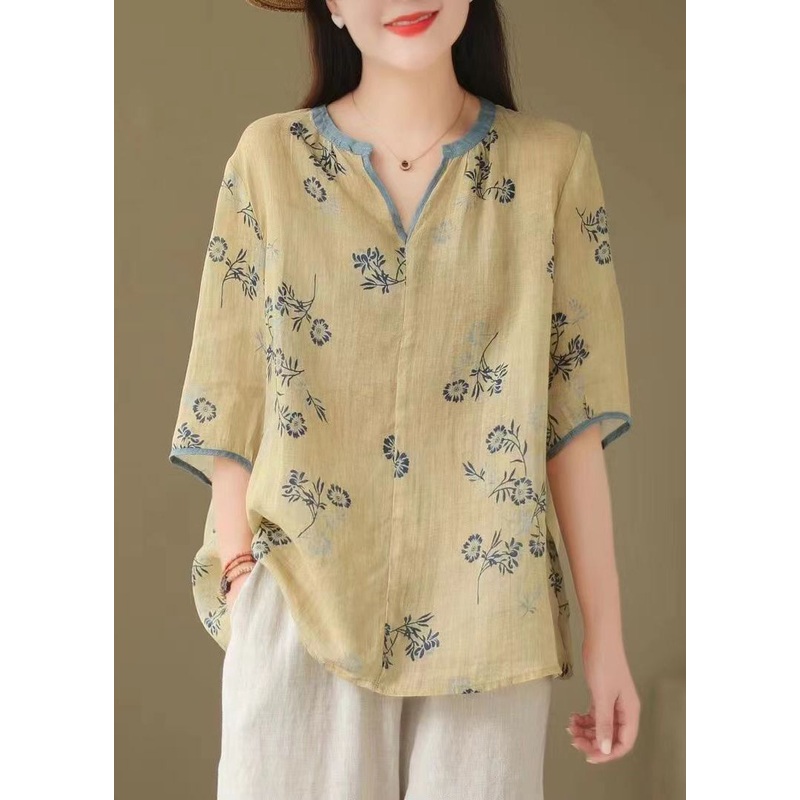 Loose Tan V Neck Print Patchwork Linen T Shirt Tops Half Sleeve