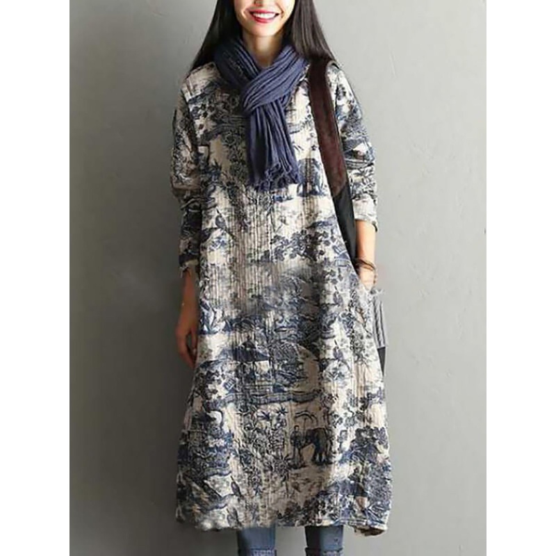 Loose Winter Printing Cotton Floral Robe Dress