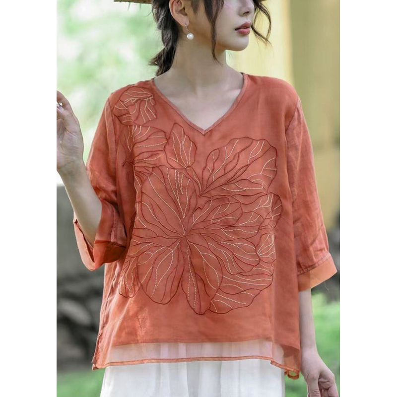 Natural Orange V Neck Embroidered Patchwork Linen T Shirt Half Sleeve