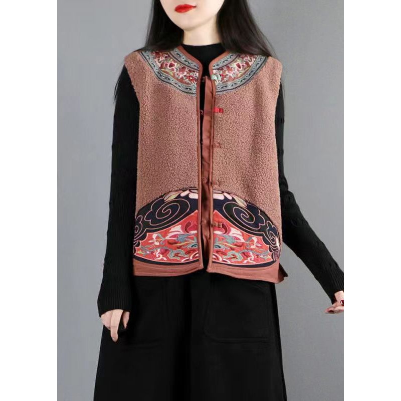 New Coffee Embroideried Button Patchwork Teddy Faux Fur Waistcoat Fall