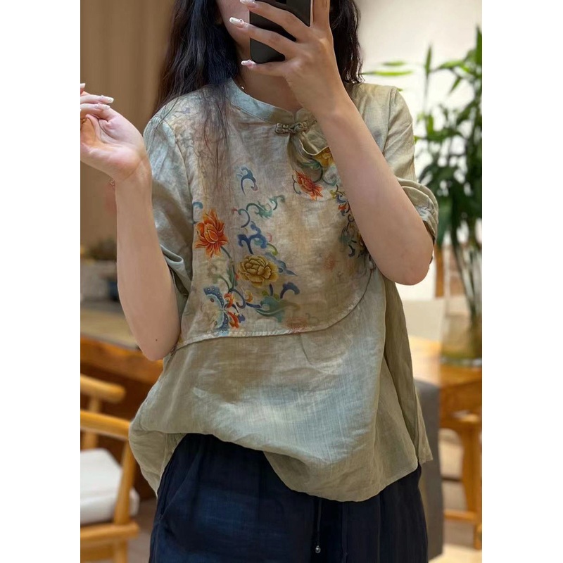 New Green Stand Collar Print Patchwork Linen Shirt Half Sleeve