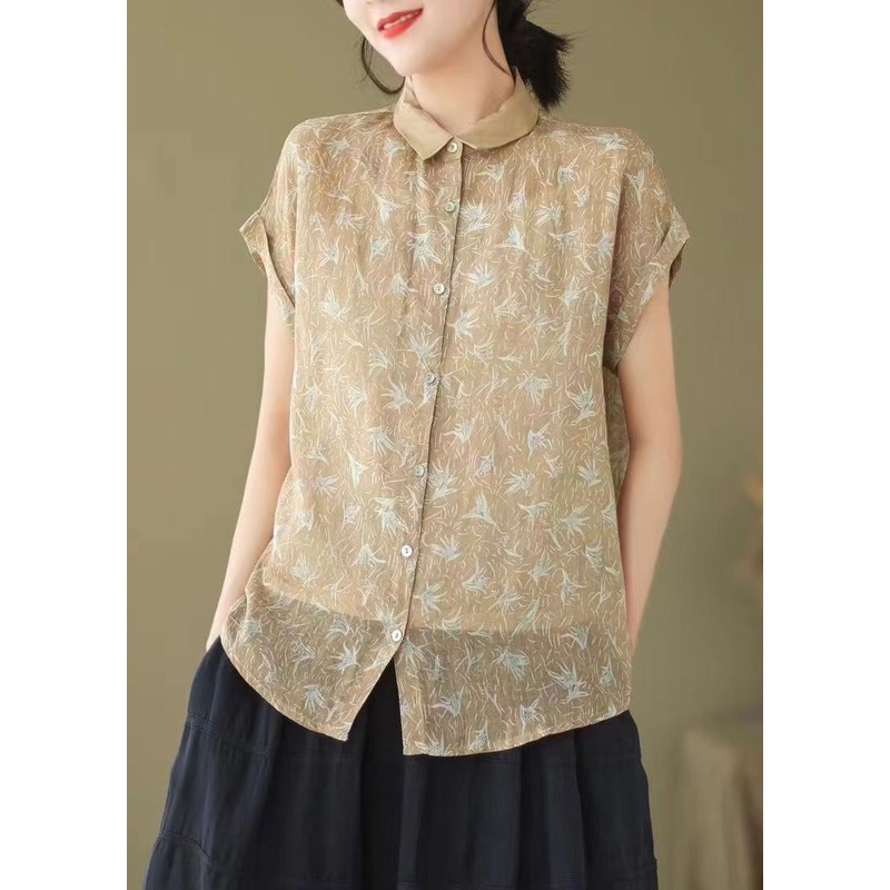 New Khaki Peter Pan Collar Print Patchwork Linen Blouse Summer