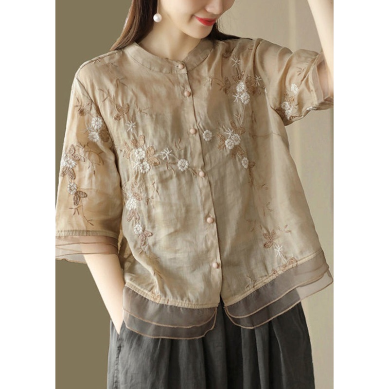New Light Khaki Embroideried Button Patchwork Linen Shirts Half Sleeve