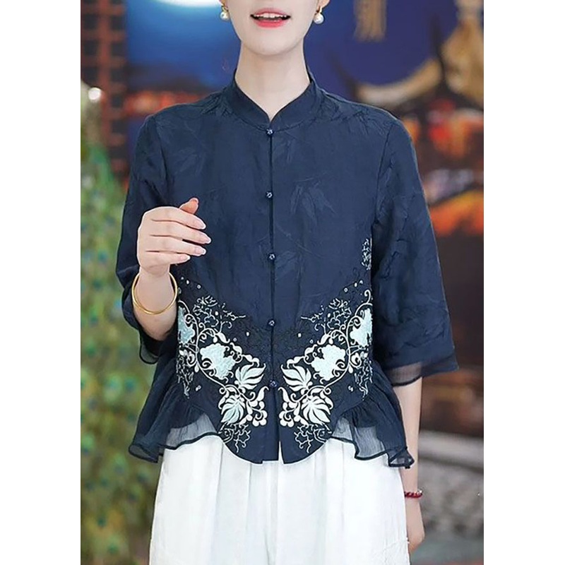 New Navy Print Button Patchwork Cotton Shirt Half Sleeve