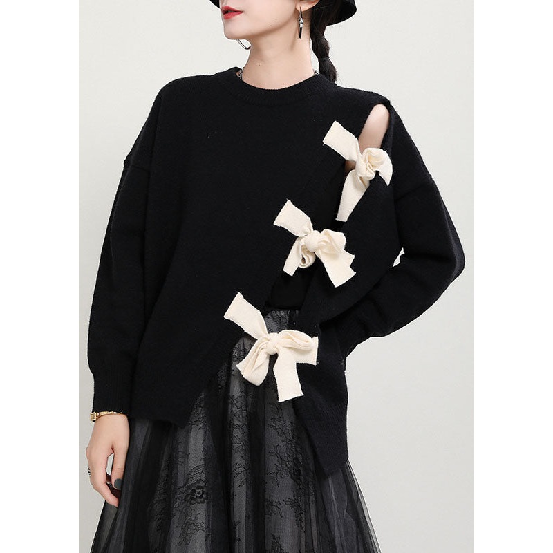 Organic Black O-Neck Patchwork asymmetrical design Fall Knit Knitted sweaters