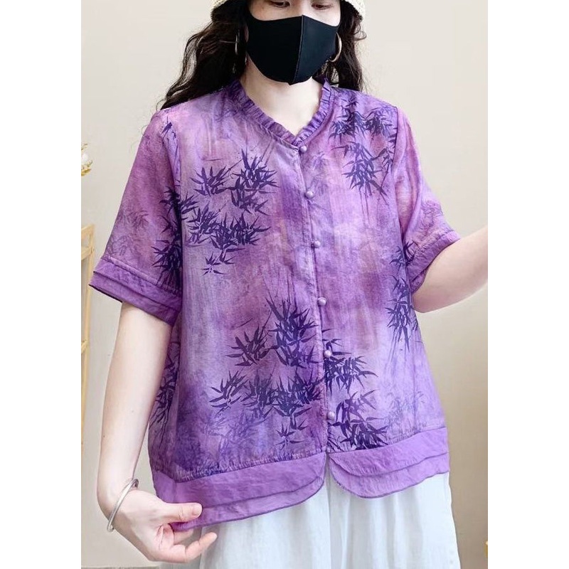 Organic Purple Print Patchwork Ruffled Linen Shirt Top Summer