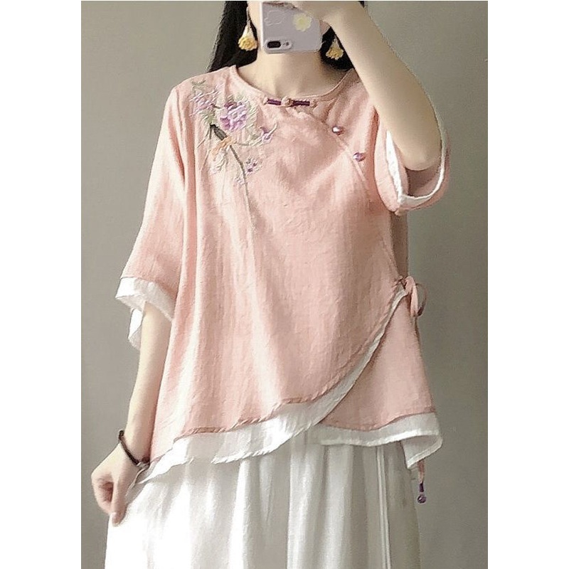 Pink Fake Two Piece Linen Blouses Embroideried Chinese Button Summer