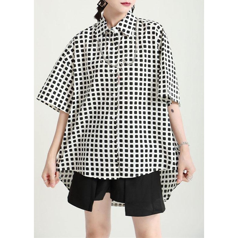 Plaid Peter Pan Collar Button Asymmetrical Design Summer Cotton Blouses
