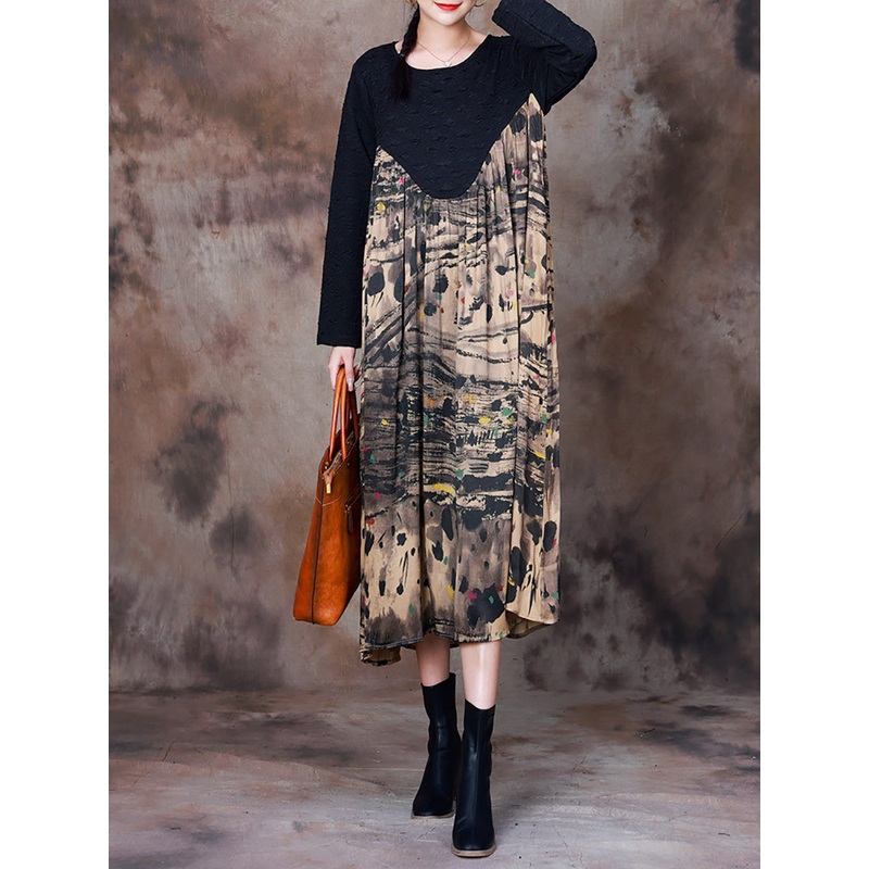 Plus Size Women Fall Vintage Ink-print Spliced Dress
