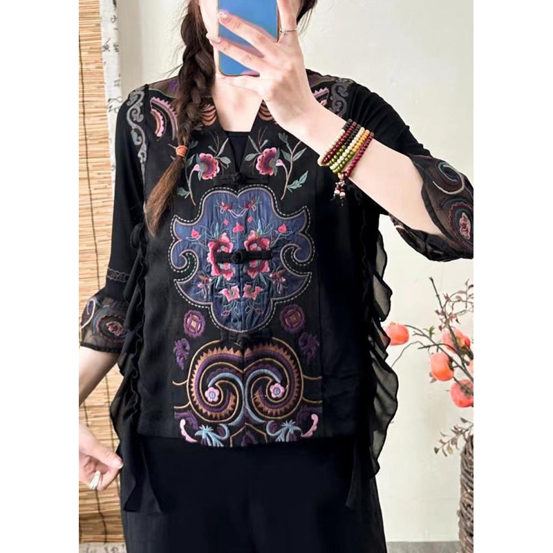 Retro Black V Neck Embroideried Ruffled Silk Waistcoat Sleeveless