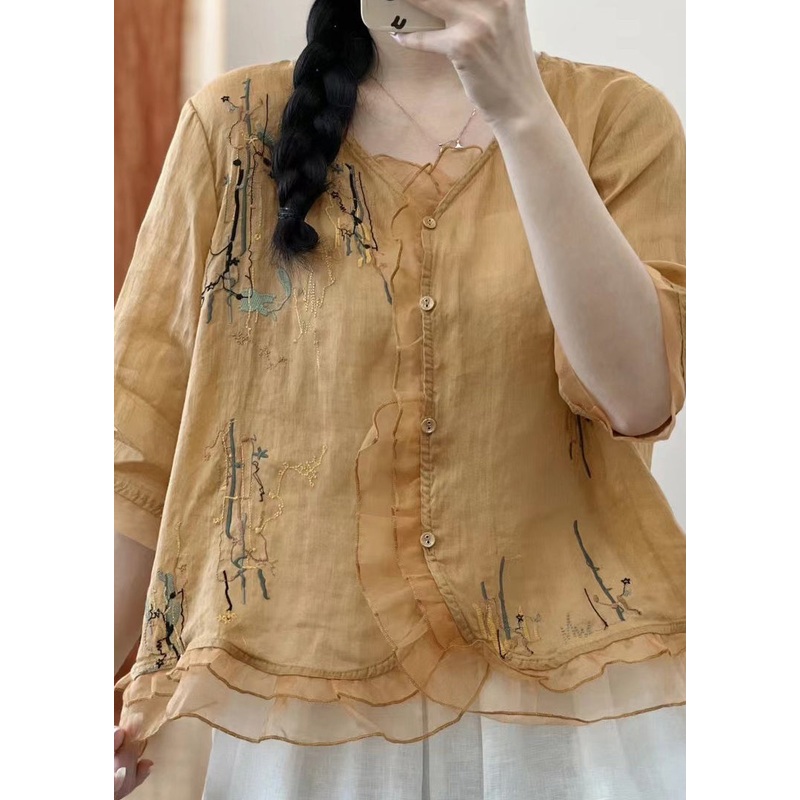 Retro Yellow Ruffled Embroideried Patchwork Linen Shirts Summer