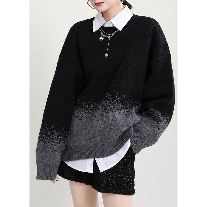 Simple Black O-Neck Gradient color Fall Knit Knitted sweaters